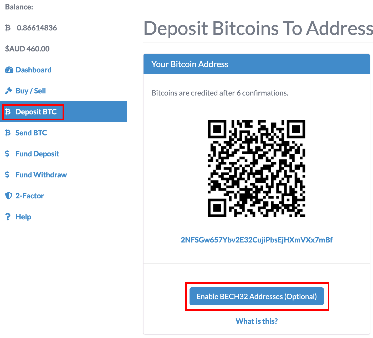 BECH32 Bitcoin address enable button